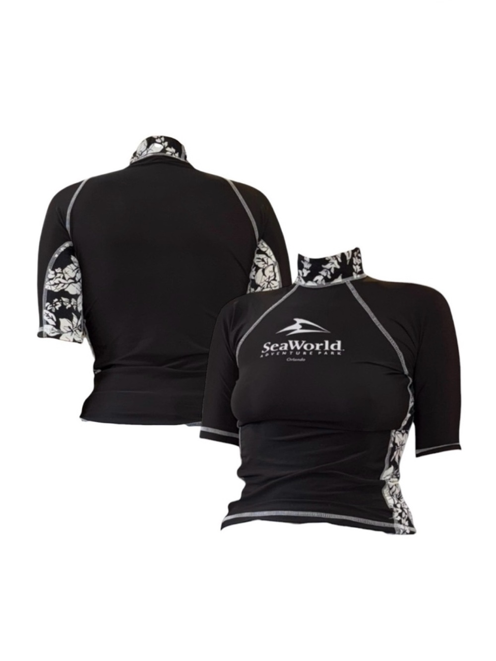 Vintage SeaWorld Black Floral Trim Rash Guard Swim Top
